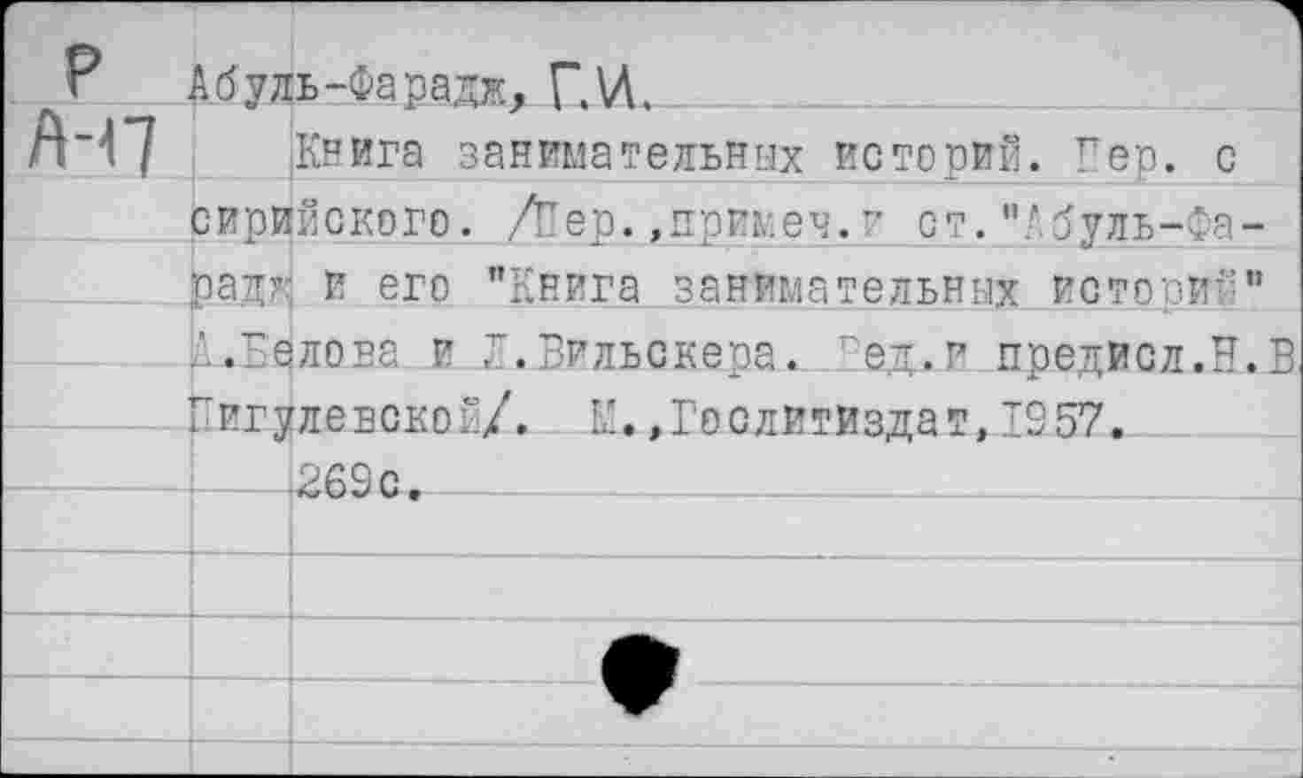 ﻿А буль-Фа ради, Г. И.
А-17		1 .V». Книга занимательных историй. Гер. с
	сирийского. /Йер.»примеч.г от."Абуль-Фа-	
	рад?:	и его "Книга занимательных истопий"
	■ .	:лова и Л.Вильскепа. пел.и поелисл.Н.В
	Жигулевской/. М.»Гослитиздат,1957. •269 с.				